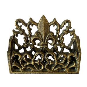Vintage Business Card Holder Cast Iron Bronze Color Desk Organizer Fleur Di Lis